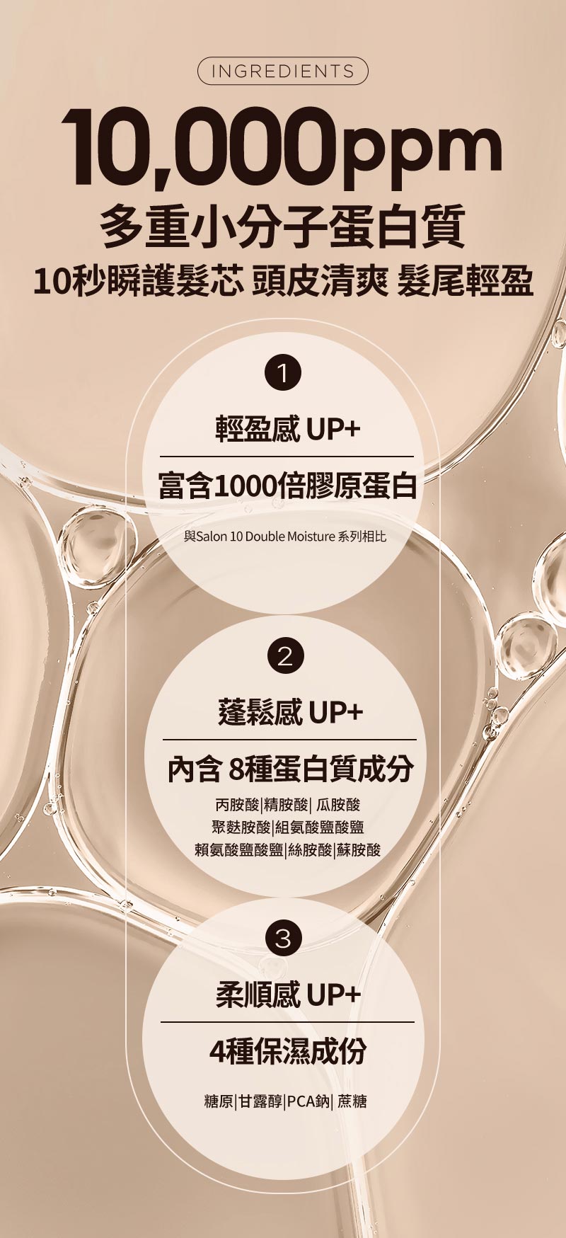 Ingredients - 10,000ppm 多重小分子蛋白質 10秒瞬護髮芯 頭皮清爽 髮尾輕盈